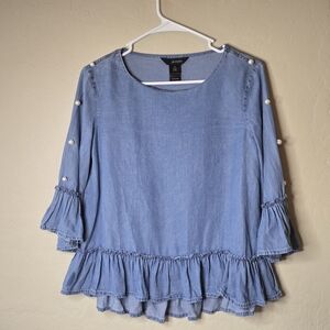 Ali Miles Light Blue Chambray Ruffle Blouse with Pearl Button Accents